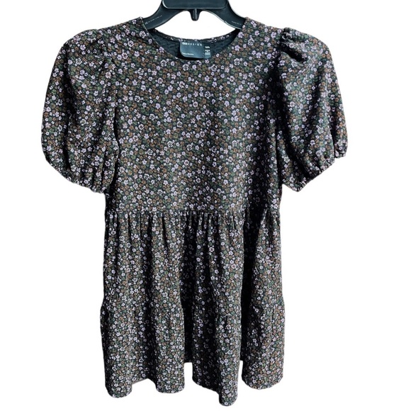 ASOS Design Floral Mini Tiered Smock Dress Black Purple Brown Green 4 Petite - Picture 7 of 7